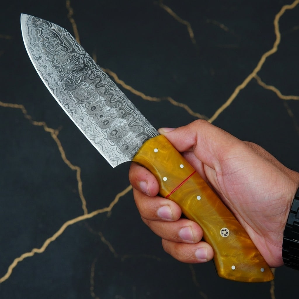5Pc Damascus Steel Chef Knife Set Hammered Raindrop Blade With Leather Roll - 2