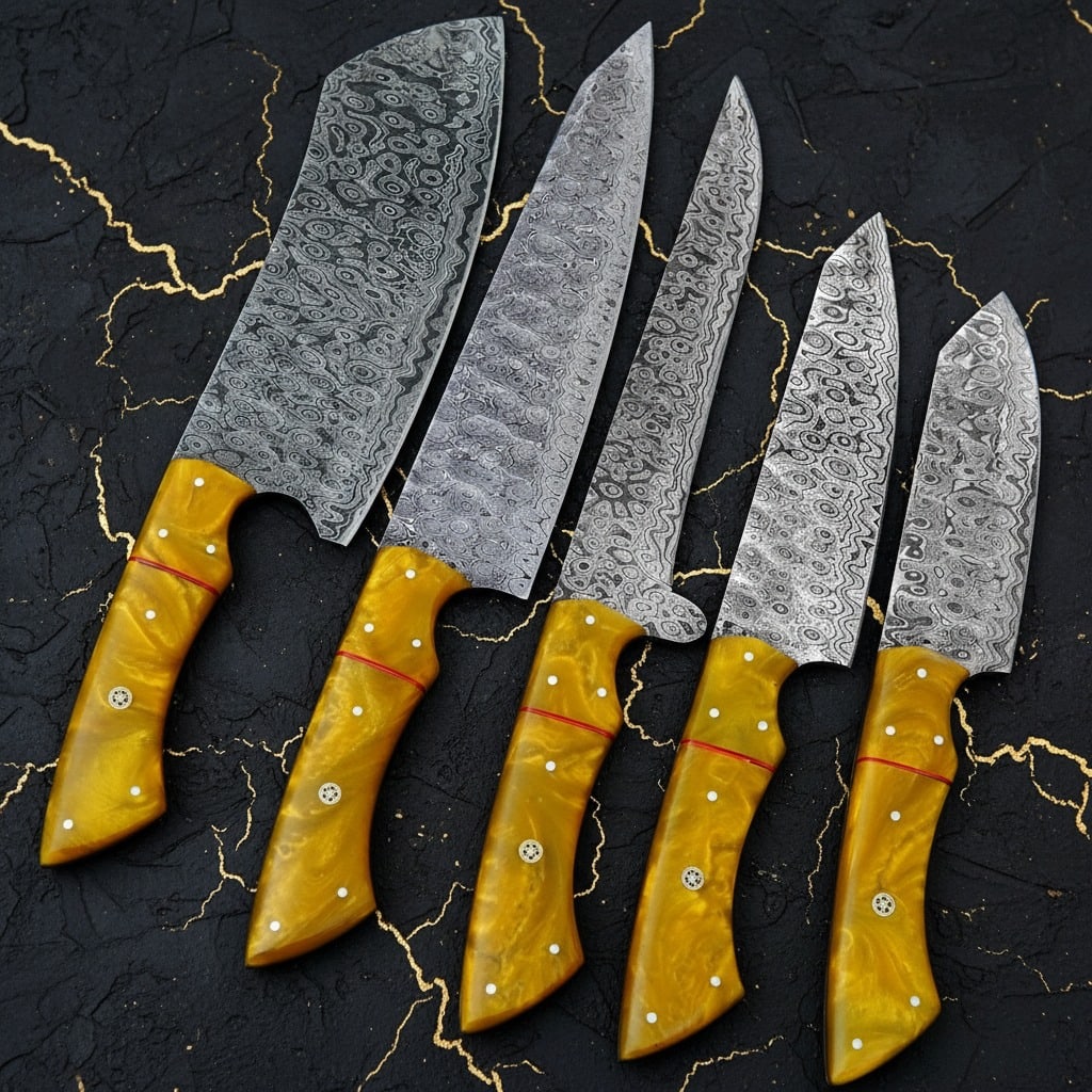 5Pc Damascus Steel Chef Knife Set Hammered Raindrop Blade With Leather Roll - 3