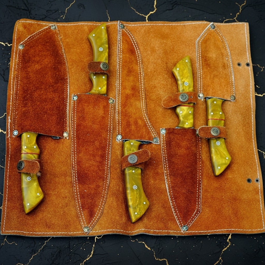 5Pc Damascus Steel Chef Knife Set Hammered Raindrop Blade With Leather Roll - 4