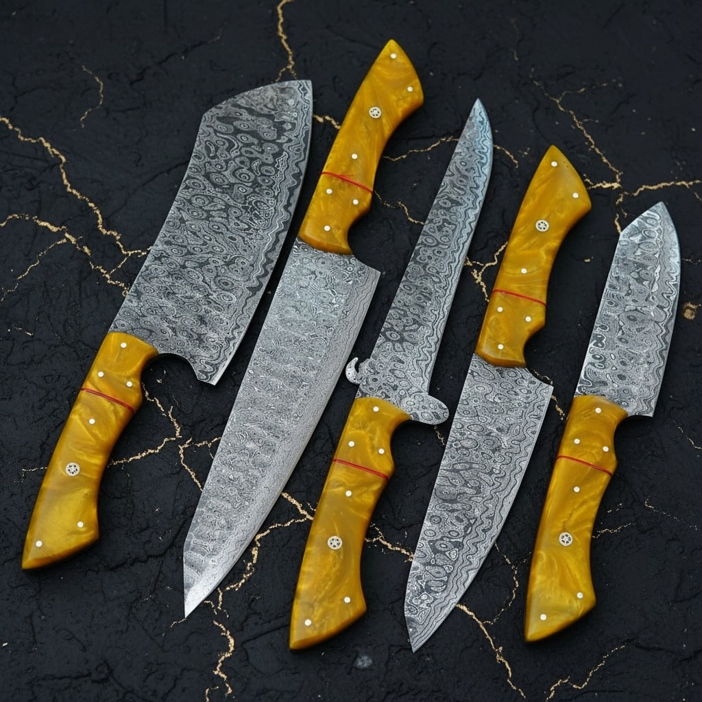 5Pc Damascus Steel Chef Knife Set Hammered Raindrop Blade With Leather Roll - 5