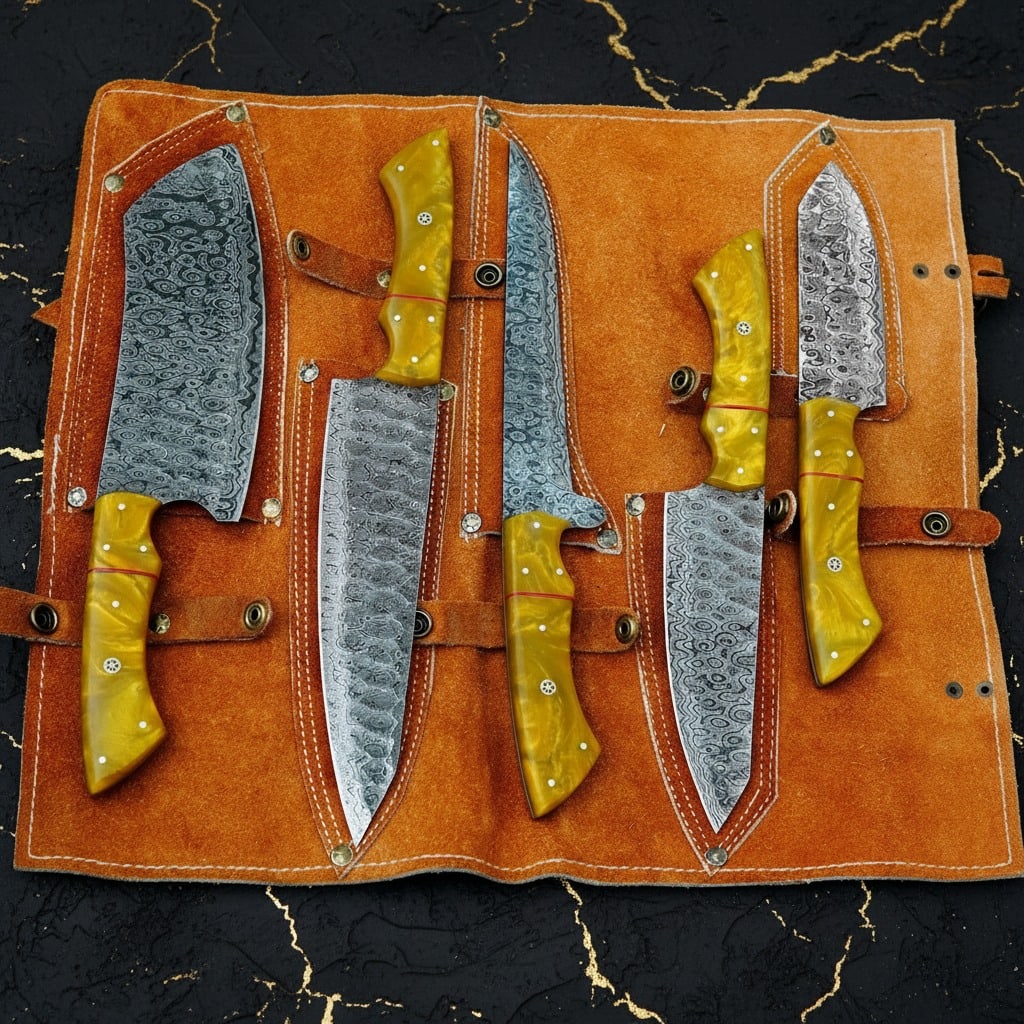 5Pc Damascus Steel Chef Knife Set Hammered Raindrop Blade With Leather Roll - 6