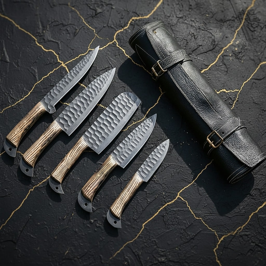 5pc Hand-Forged Carbon Steel Culinary Knife Set for Kitchen and BBQ Use - 2