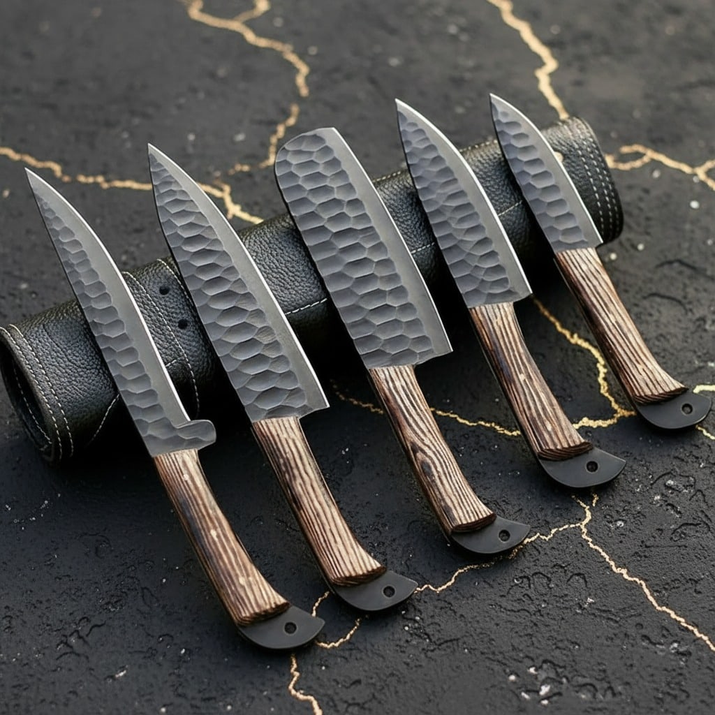 5pc Hand-Forged Carbon Steel Culinary Knife Set for Kitchen and BBQ Use - 3