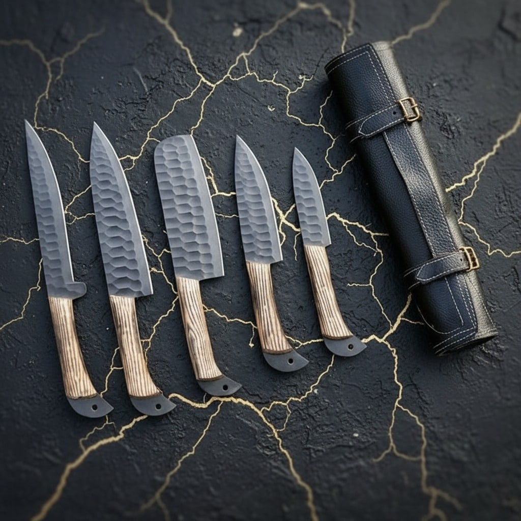 5pc Hand-Forged Carbon Steel Culinary Knife Set for Kitchen and BBQ Use - 8