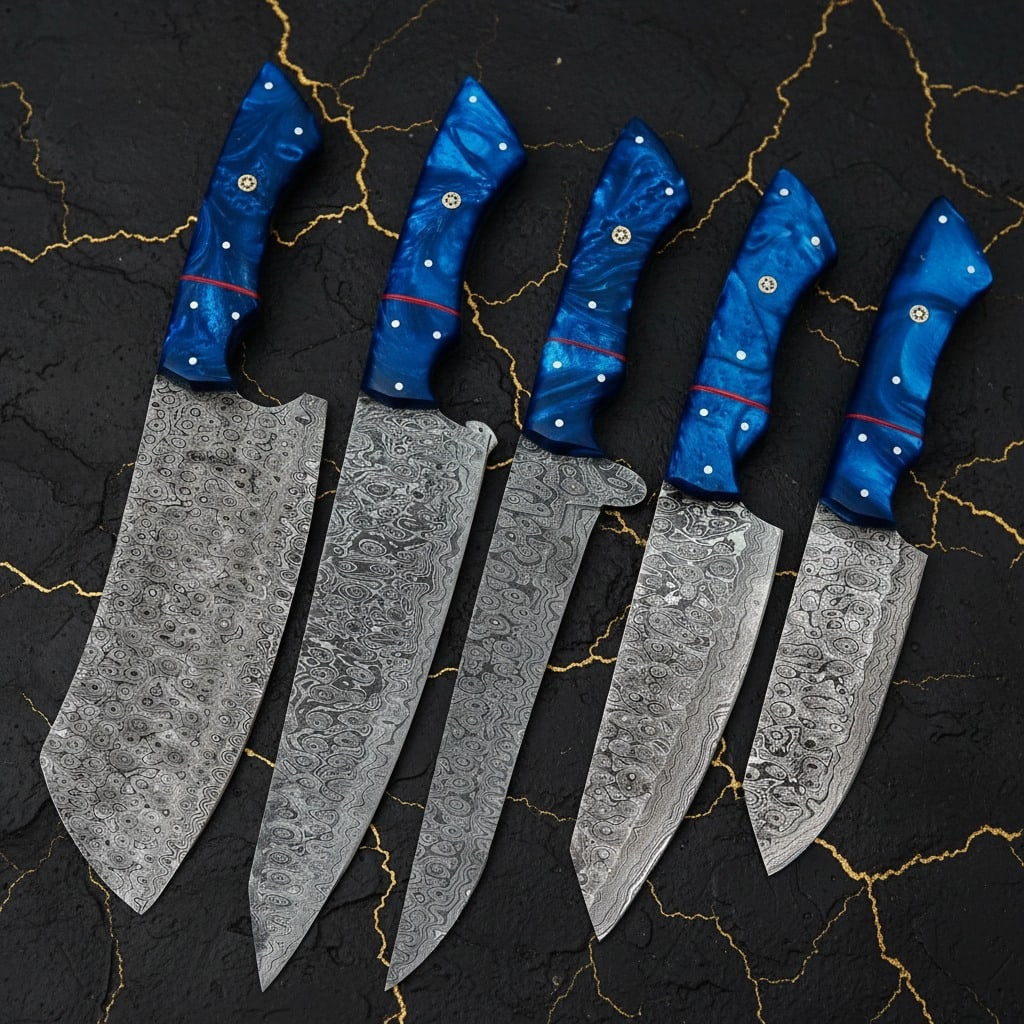 5pc Handmade Damascus Chef Knife Set Hammered Raindrop Pattern Leather Roll: Title:5pc Handmade Damascus Chef Knife Set Hammered Raindrop Pattern Leather Roll Description:This professional chef knife set includes five handcrafted knives and a genuine cowhide leather carrying