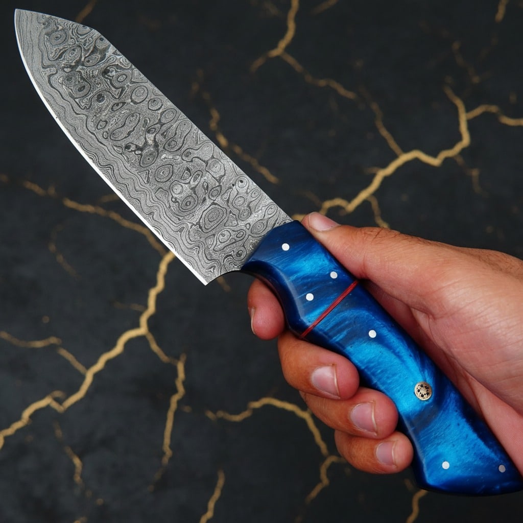 5pc Handmade Damascus Chef Knife Set Hammered Raindrop Pattern Leather Roll - 2