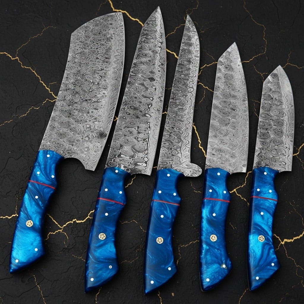 5pc Handmade Damascus Chef Knife Set Hammered Raindrop Pattern Leather Roll - 3