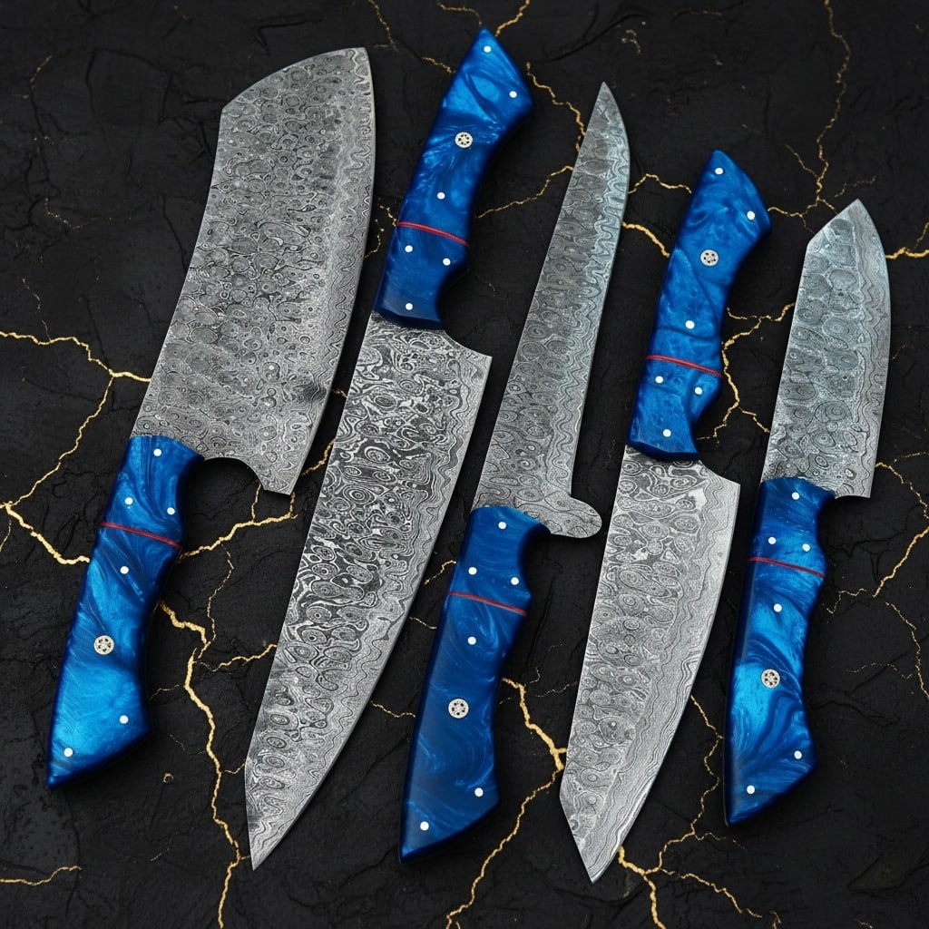 5pc Handmade Damascus Chef Knife Set Hammered Raindrop Pattern Leather Roll - 5