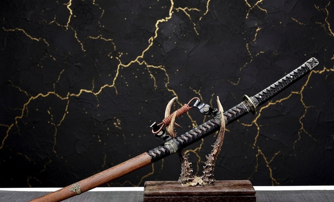 Folded Steel Japanese Tachi Samurai Sword Clay Tempered Rosewood Handle: Title:Folded Steel Japanese Tachi Samurai Sword Clay Tempered Rosewood Handle Description:This expertly crafted, battle-ready Tachi sword features a hand-forged 1095 carbon steel blade that has been