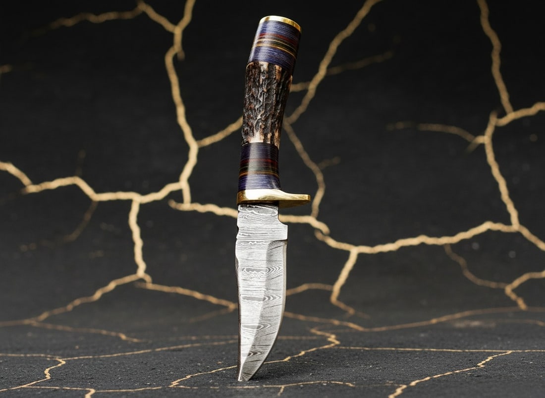 Handmade Damascus Steel Skinning Knife Stag Horn Handle Hunting Tool - 2