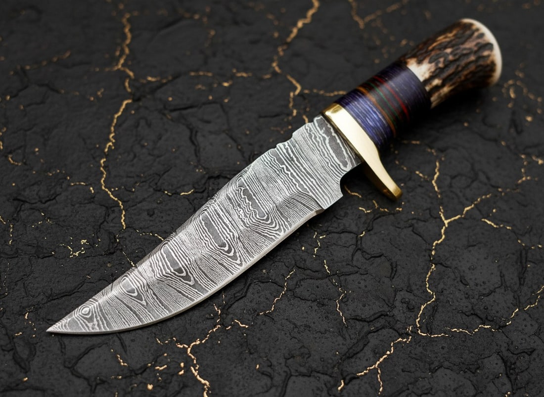 Handmade Damascus Steel Skinning Knife Stag Horn Handle Hunting Tool - 6
