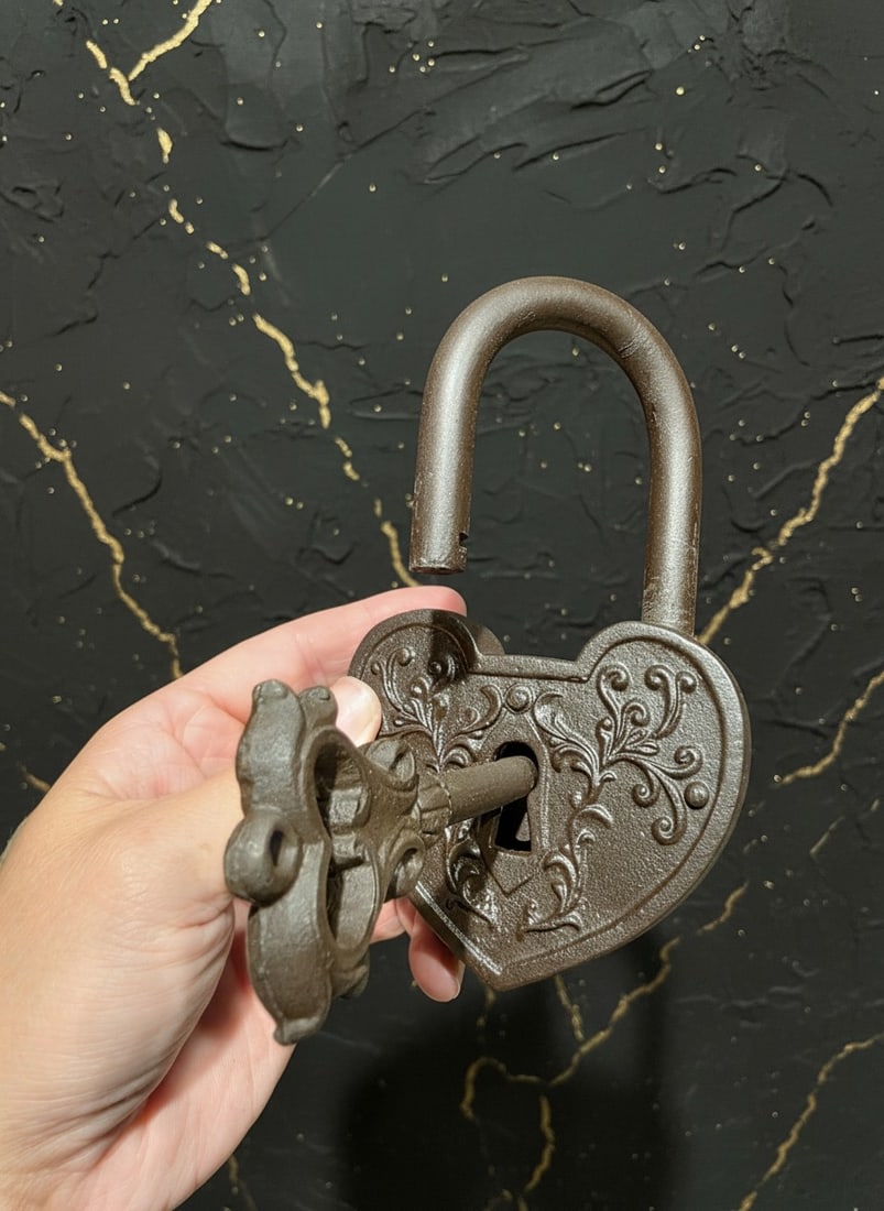 Victorian Heart Shape Cast Iron Bridge Padlock with Working Key Antique - 3