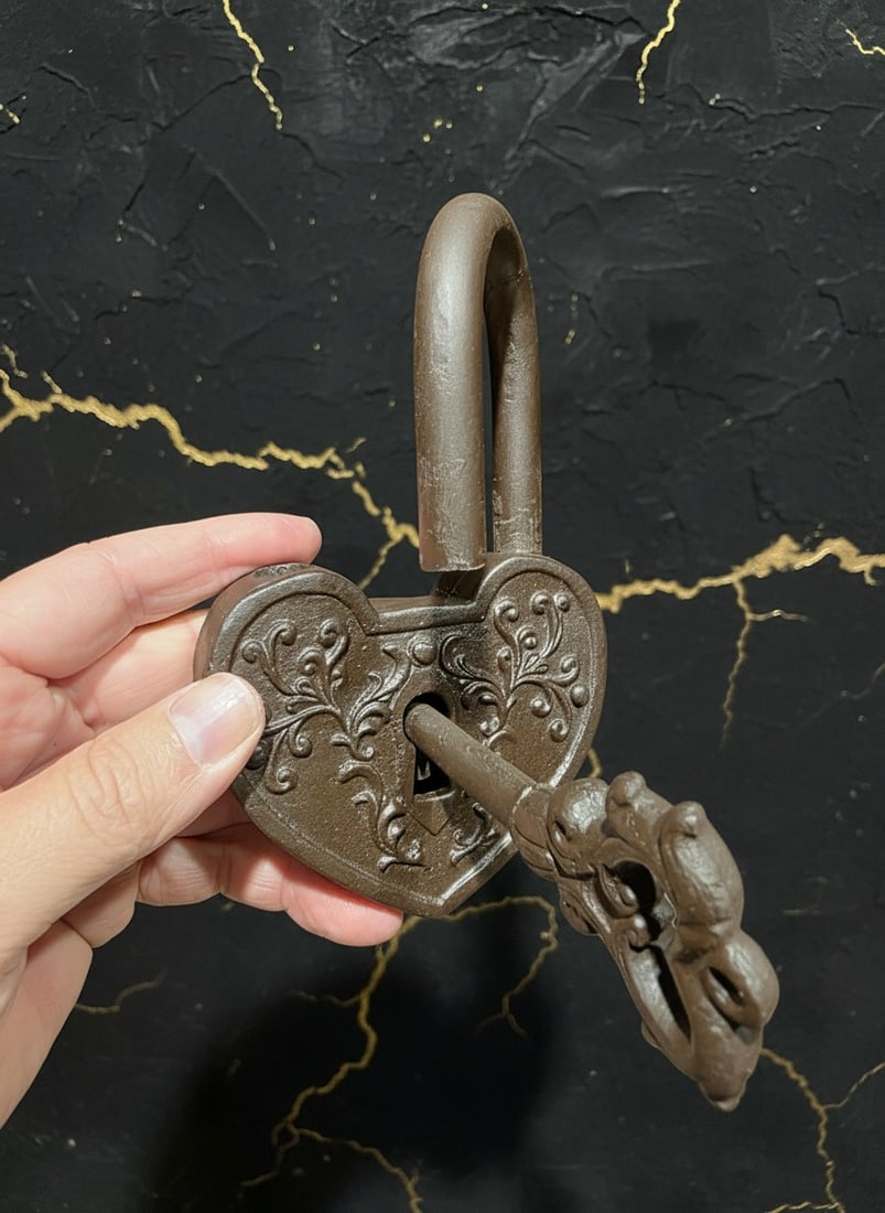 Victorian Heart Shape Cast Iron Bridge Padlock with Working Key Antique - 4