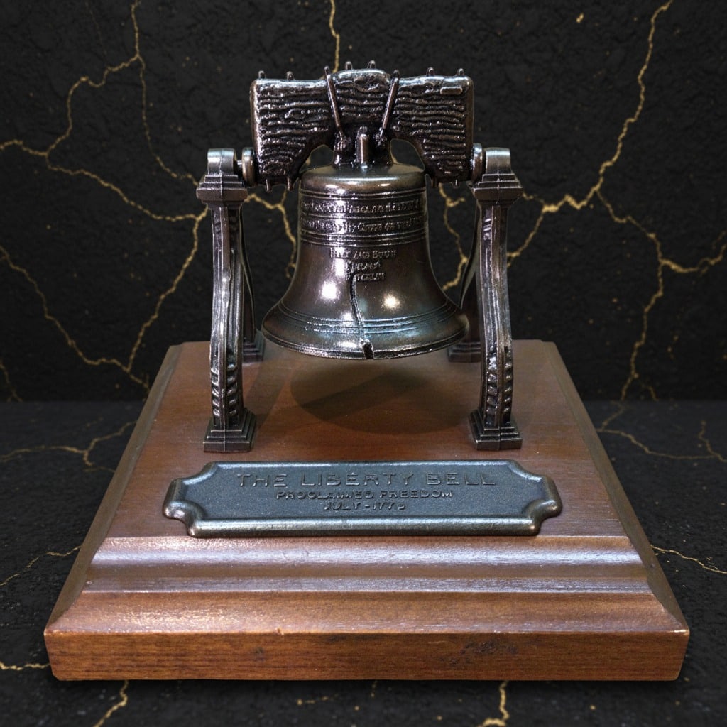 Vintage Metal Liberty Bell on Wood Stand Penncraft Reading PA Souvenir - 4