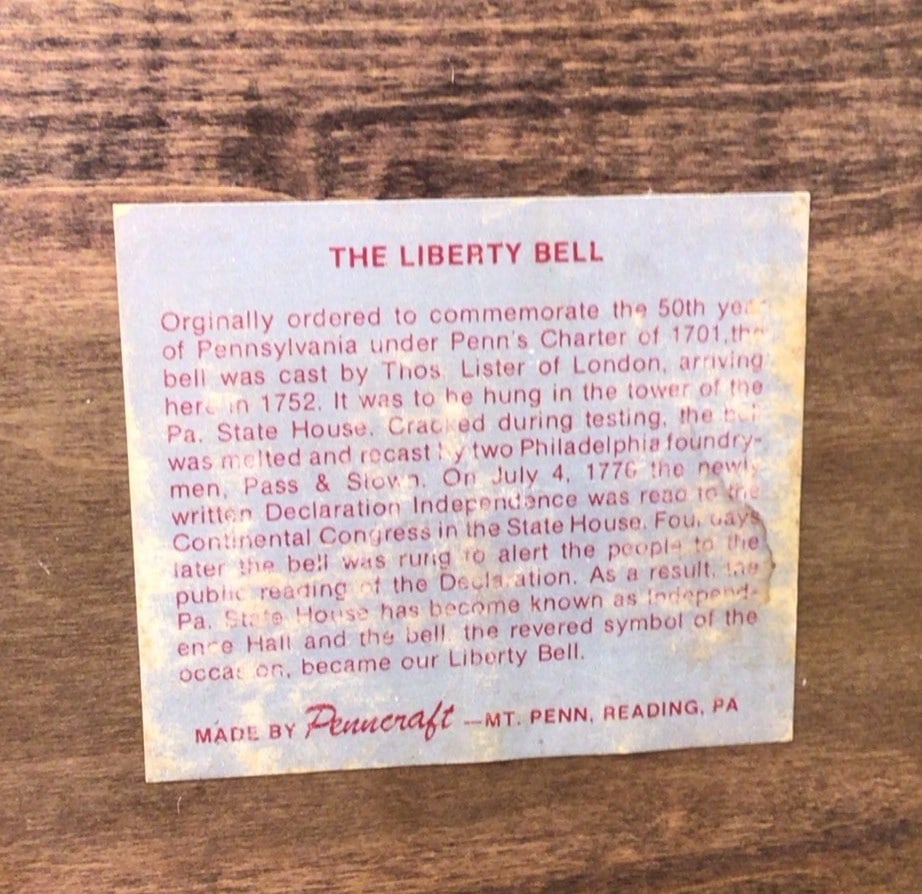 Vintage Metal Liberty Bell on Wood Stand Penncraft Reading PA Souvenir - 5