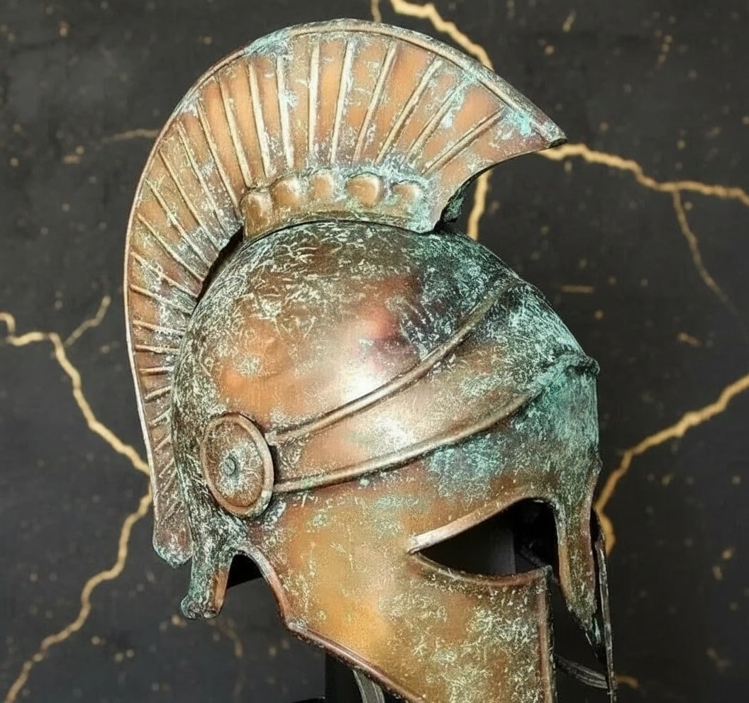 Ancient Spartan Corinthian Metal Helm with Plume & Wood Display Gift Decor (1 of 4)