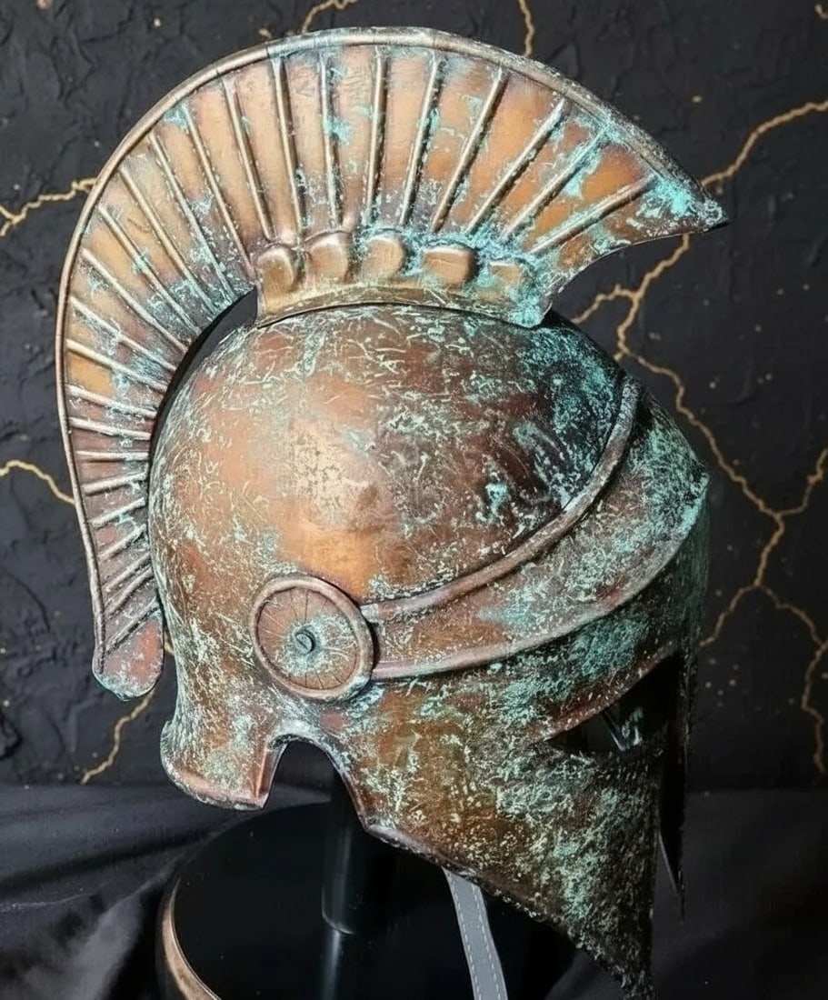 Ancient Spartan Corinthian Metal Helm with Plume & Wood Display Gift Decor - 2