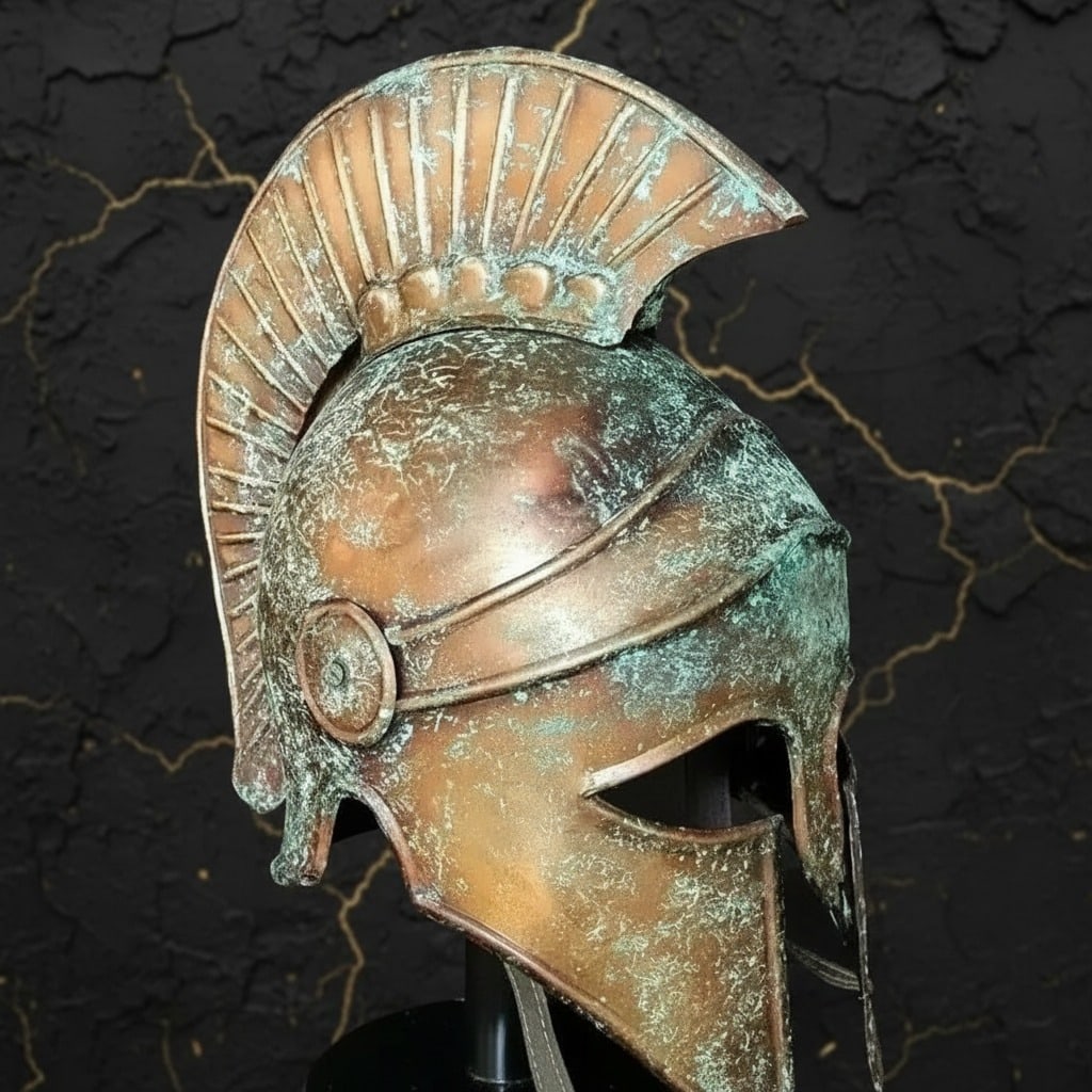 Ancient Spartan Corinthian Metal Helm with Plume & Wood Display Gift Decor - 3