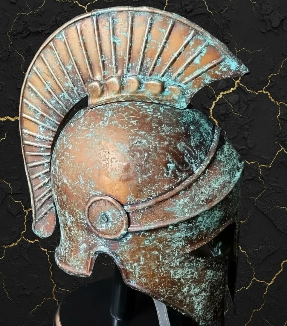 Ancient Spartan Corinthian Metal Helm with Plume & Wood Display Gift Decor - 4