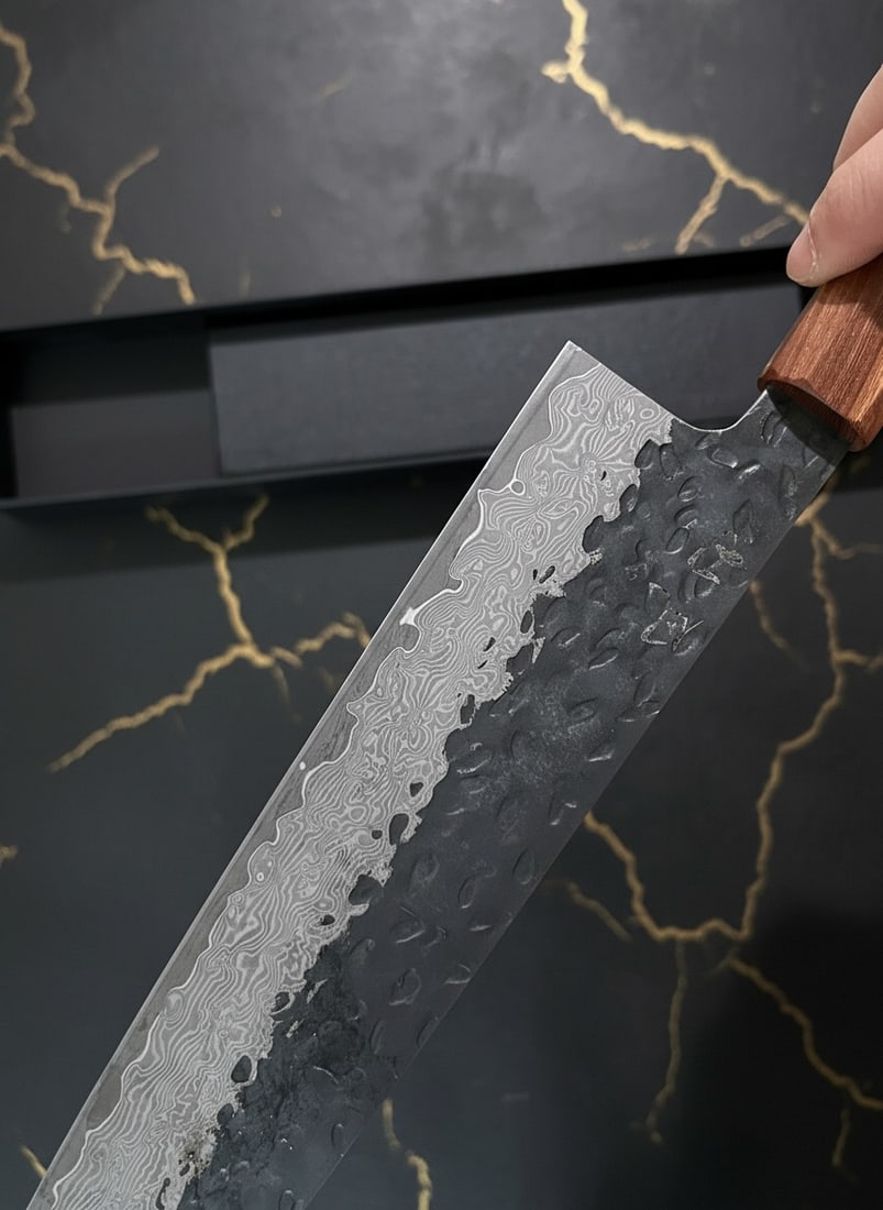 8" Damascus Steel Kiritsuke Chef Knife, Acid Etched VG10, Octagonal Wood Grip - 3