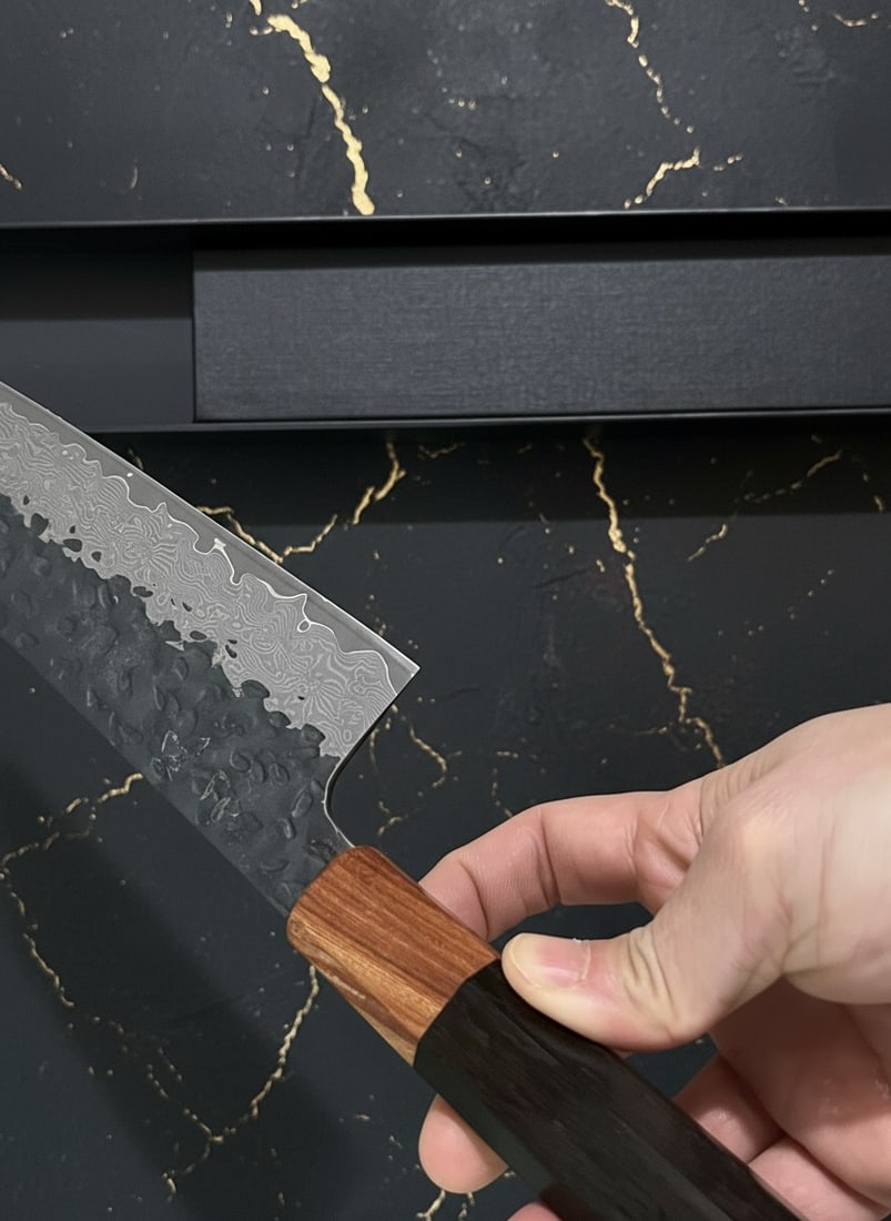8" Damascus Steel Kiritsuke Chef Knife, Acid Etched VG10, Octagonal Wood Grip - 4