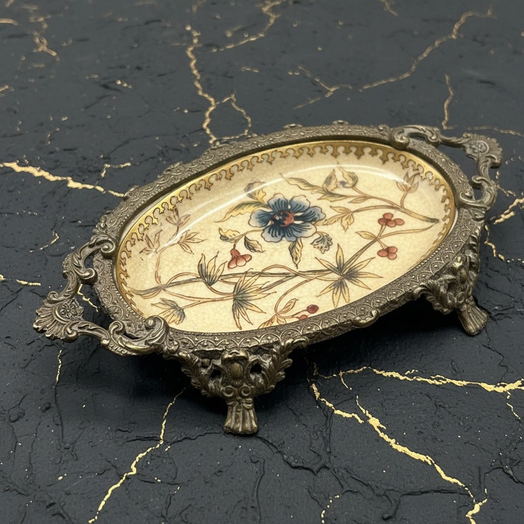 Ornate Brass & Porcelain Footed Trinket Dish Vintage Style Floral Tray - 7