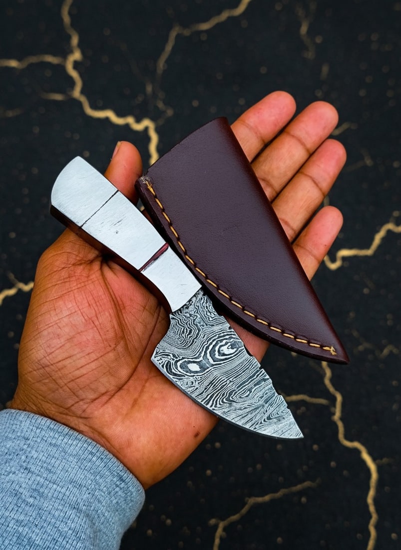 Hand Forged Damascus Steel Mini EDC Neck Dagger Knife with Leather Sheath - 3