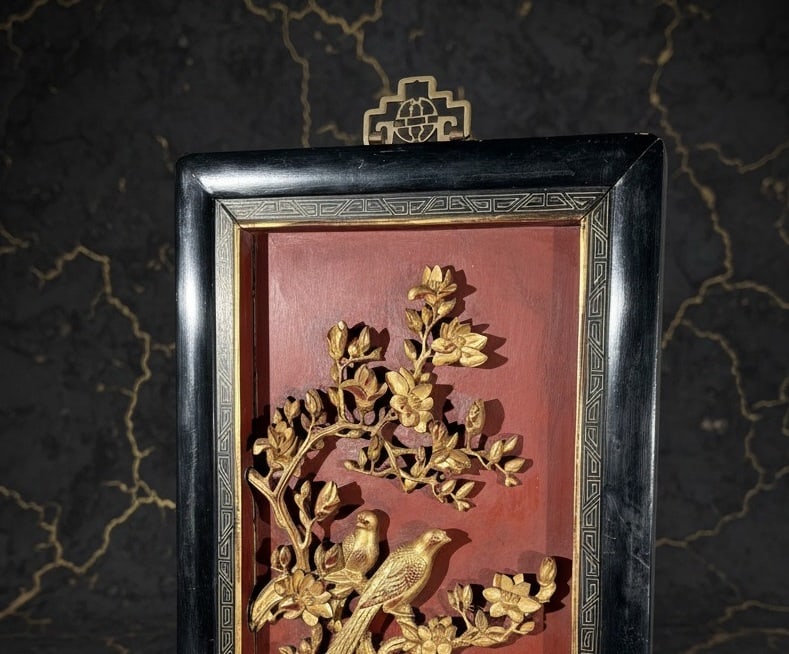 Vintage Gilded Resin Wall Panels Asian Relief Carvings Pair Gold Tone Decor - 2