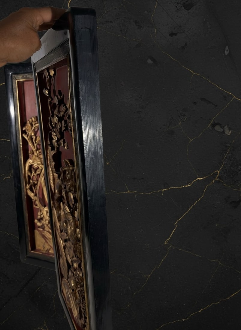 Vintage Gilded Resin Wall Panels Asian Relief Carvings Pair Gold Tone Decor - 9