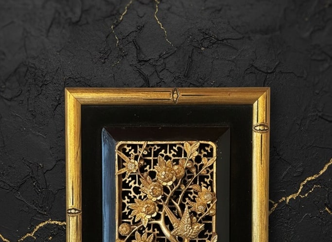 Antique Chinese Gilt Wood Relief Wall Plaque Birds Floral Carving Decor - 2