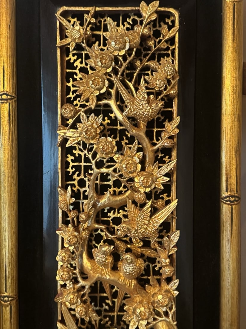 Antique Chinese Gilt Wood Relief Wall Plaque Birds Floral Carving Decor - 3
