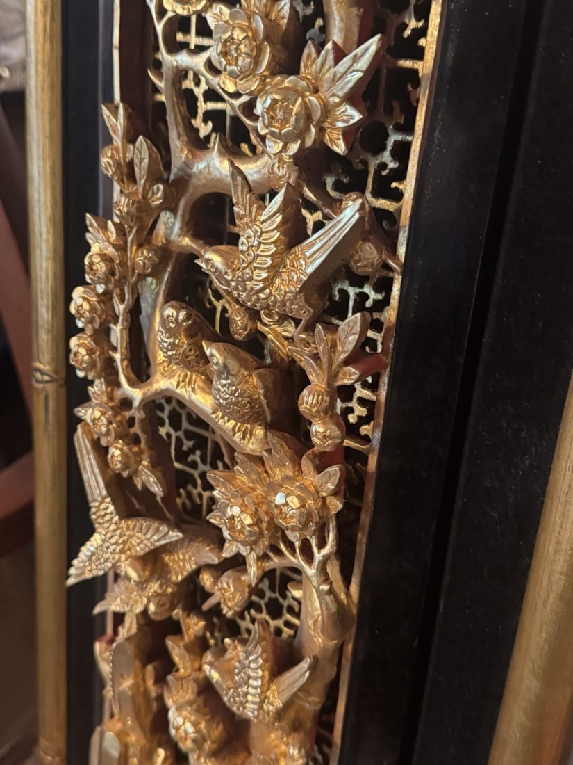 Antique Chinese Gilt Wood Relief Wall Plaque Birds Floral Carving Decor - 5