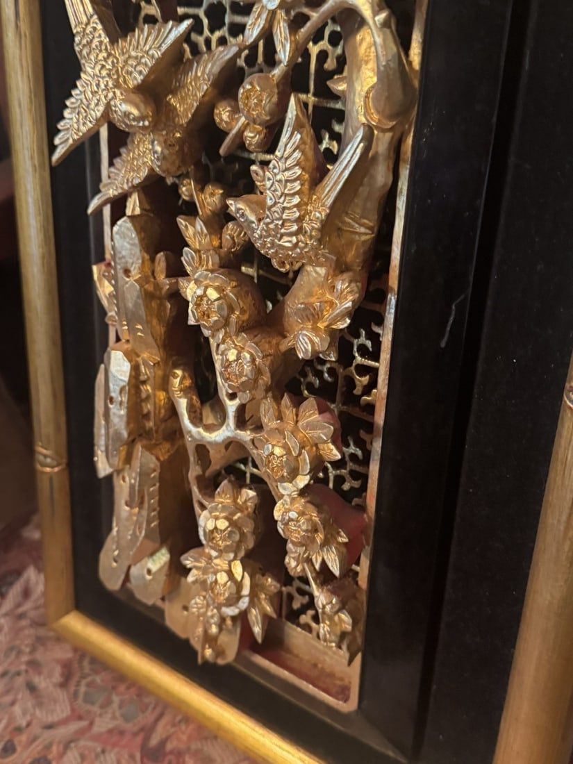 Antique Chinese Gilt Wood Relief Wall Plaque Birds Floral Carving Decor - 6