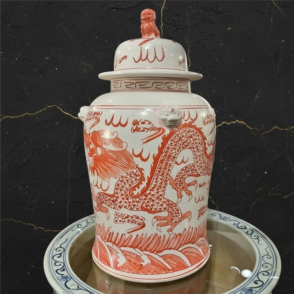 Large 18in Red Dragon Ceramic Temple Jar Decorative Oriental Ginger Vessel - 2