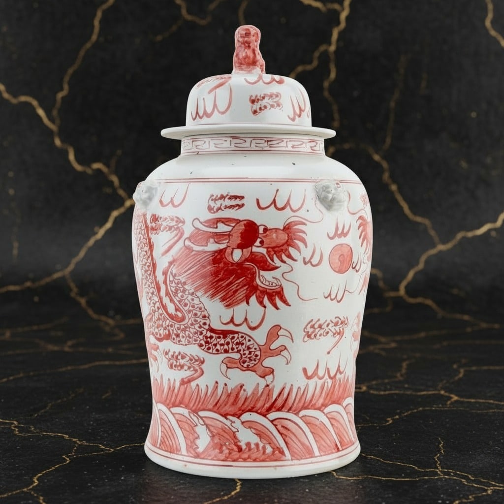 Large 18in Red Dragon Ceramic Temple Jar Decorative Oriental Ginger Vessel - 4