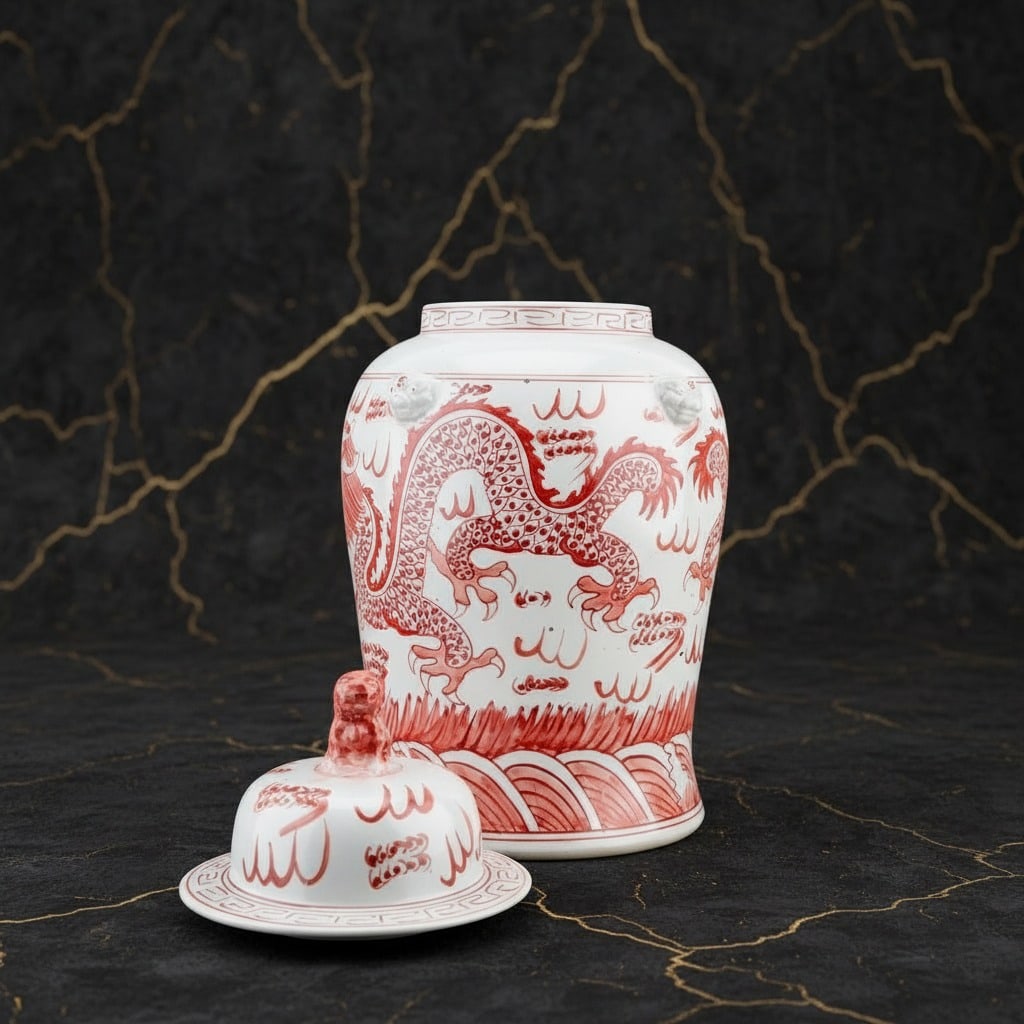Large 18in Red Dragon Ceramic Temple Jar Decorative Oriental Ginger Vessel - 5