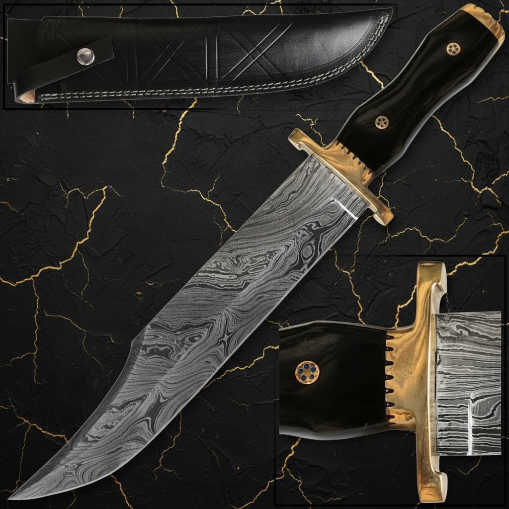 16" Hand-Forged Damascus Steel Bowie Knife, Sharp Fixed Blade Utility Tool (1 of 3)
