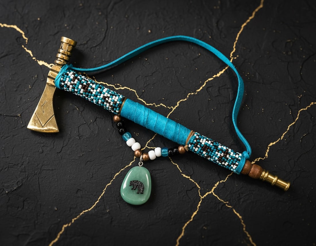 9" Creek Native American Brass Tomahawk Pipe Beaded Ceremonial Decor (1 of 1)