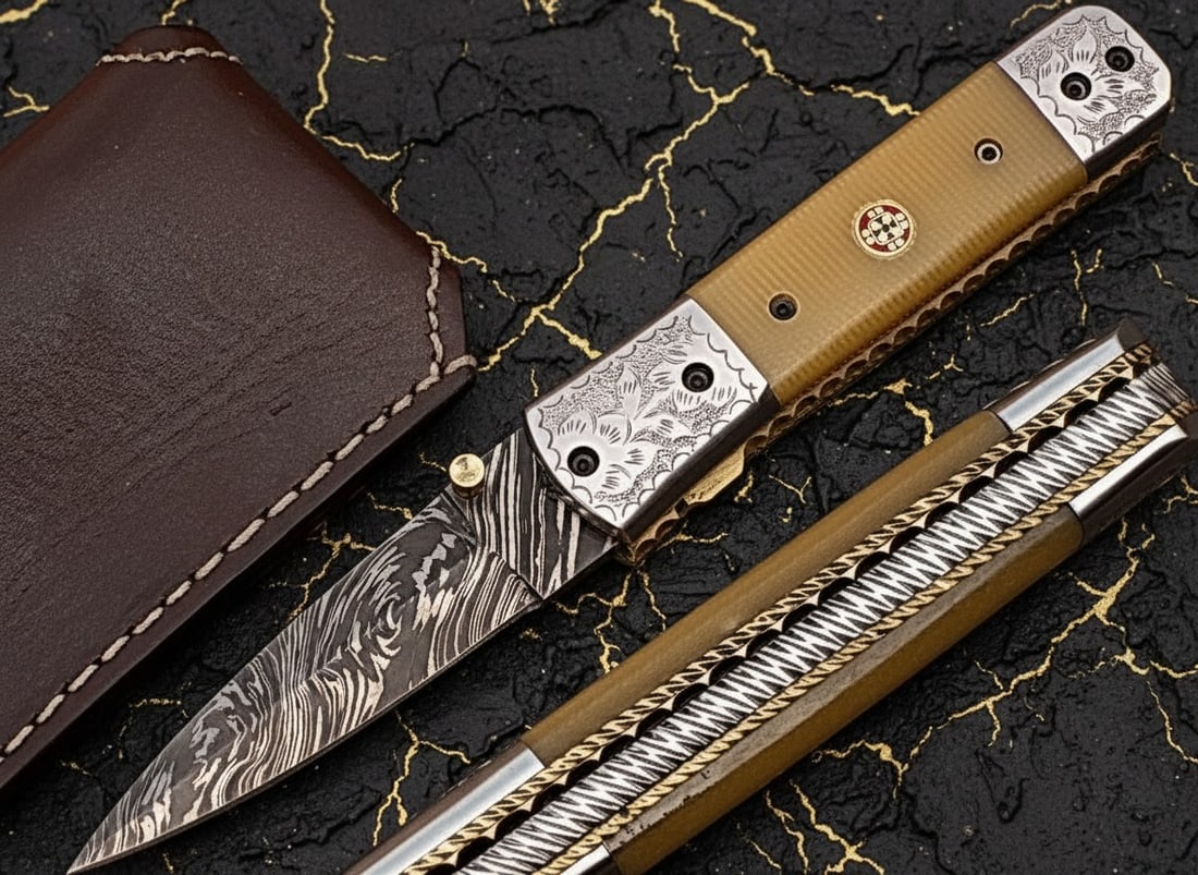 Hand-Crafted Damascus Steel Folding Knife Camel Bone Handle Engraved Bolster (1 of 7)