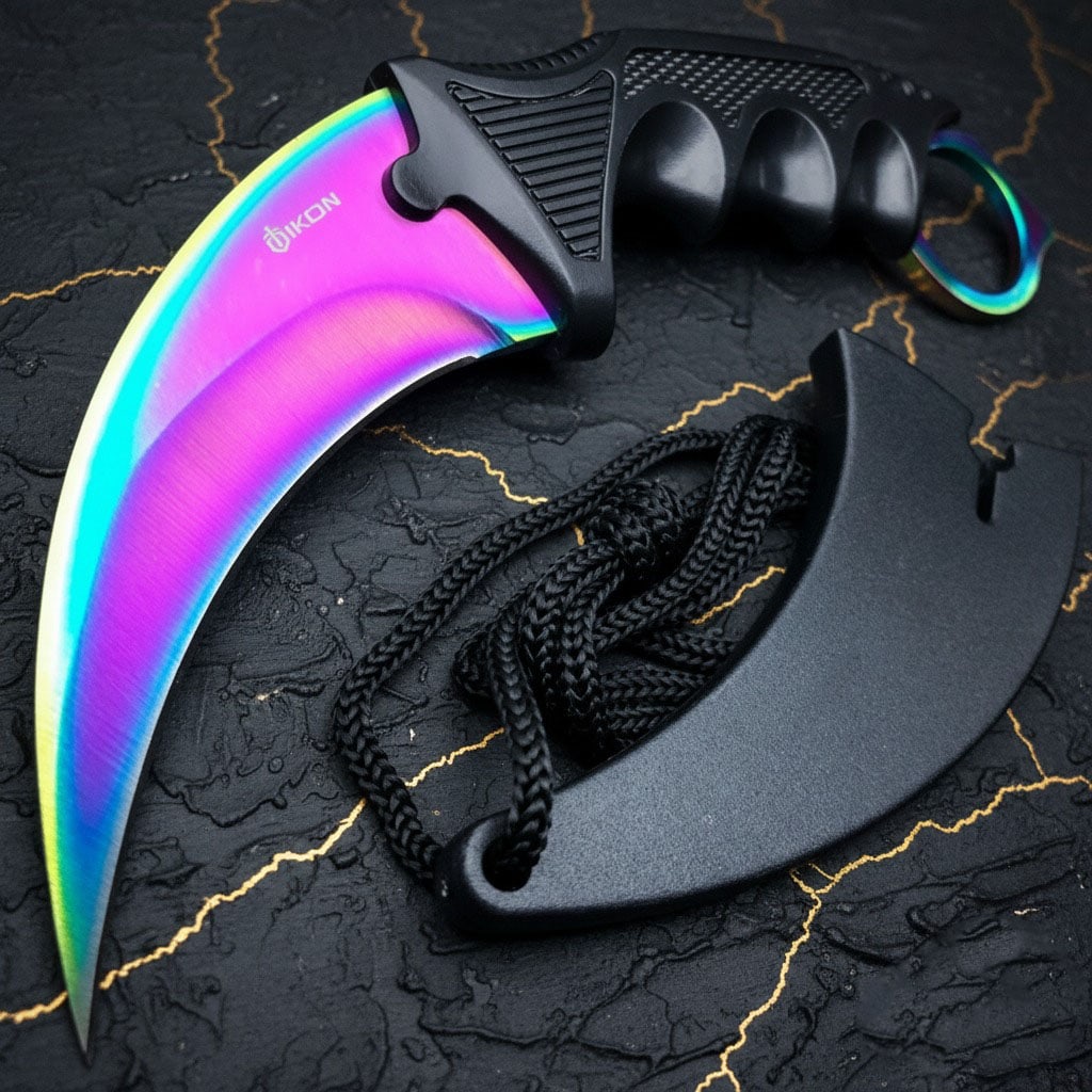 Rainbow Karambit Fixed Blade Neck Knife Survival Hunting Tool with Sheath: Title:Rainbow Karambit Fixed Blade Neck Knife Survival Hunting Tool with Sheath Description:This tactical karambit neck knife features a CSGO inspired design, making it an excellent choice for