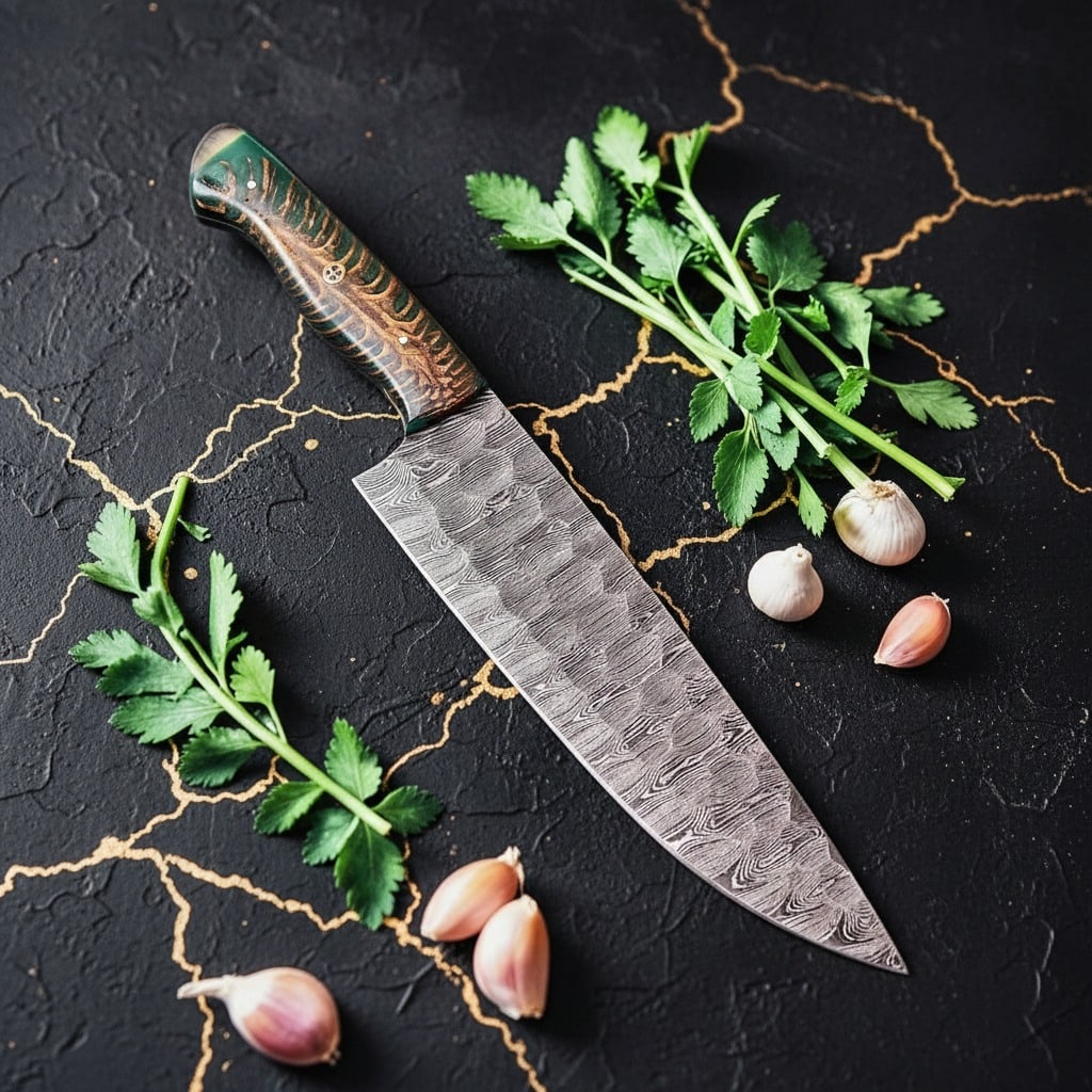 Handcrafted Damascus Steel Chef Knife, Stabilized Pinecone Handle, Forged - 2