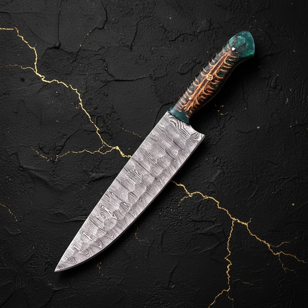 Handcrafted Damascus Steel Chef Knife, Stabilized Pinecone Handle, Forged - 3
