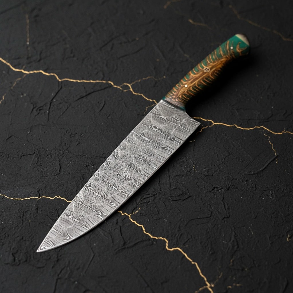 Handcrafted Damascus Steel Chef Knife, Stabilized Pinecone Handle, Forged - 4