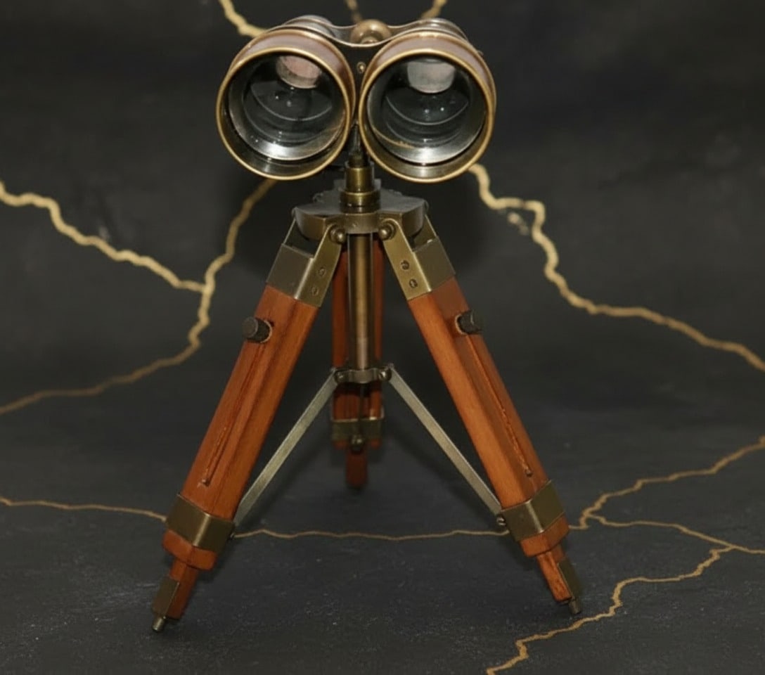 Vintage Nautical Brass Telescope with Wooden Tripod Stand Maritime Decor - 3