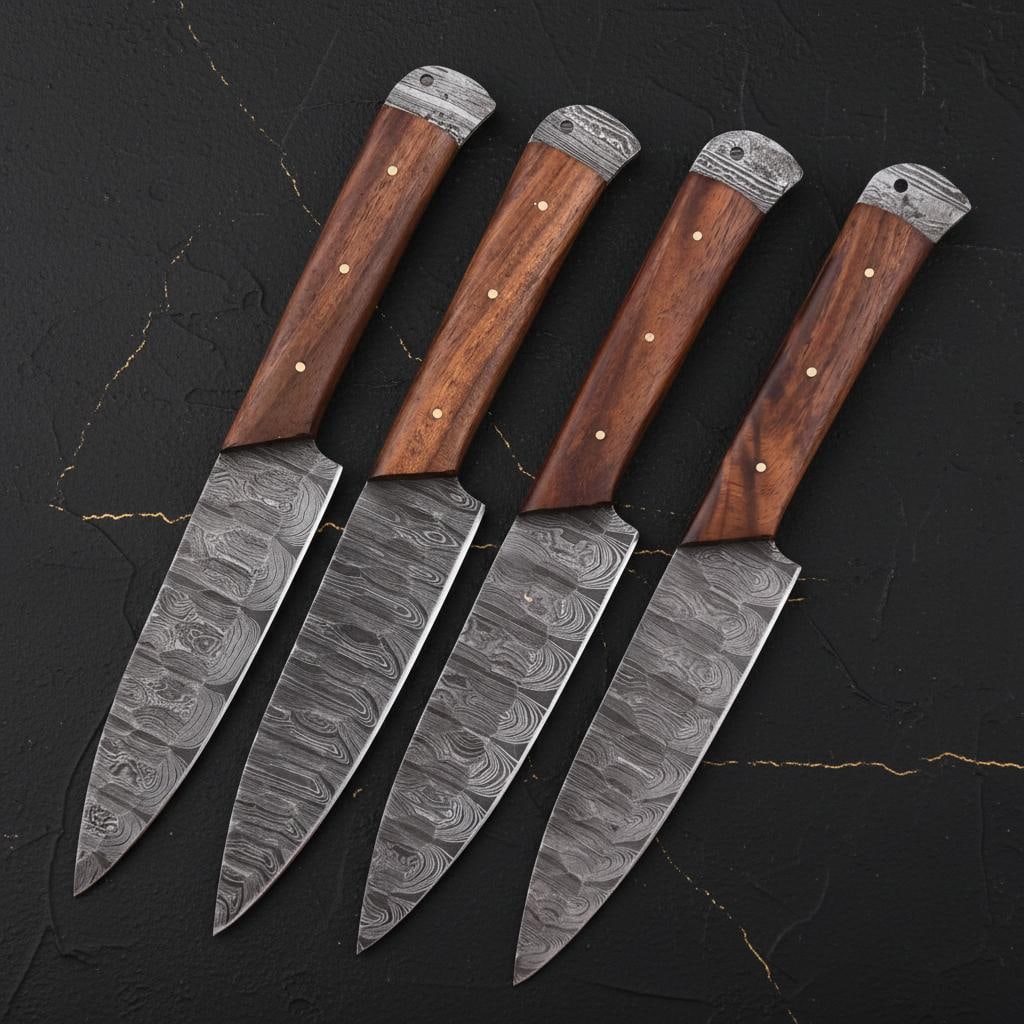 Set of 4 Damascus Steel Steak Knives - Hand Forged, Twist Pattern, Rosewood Handle - 3