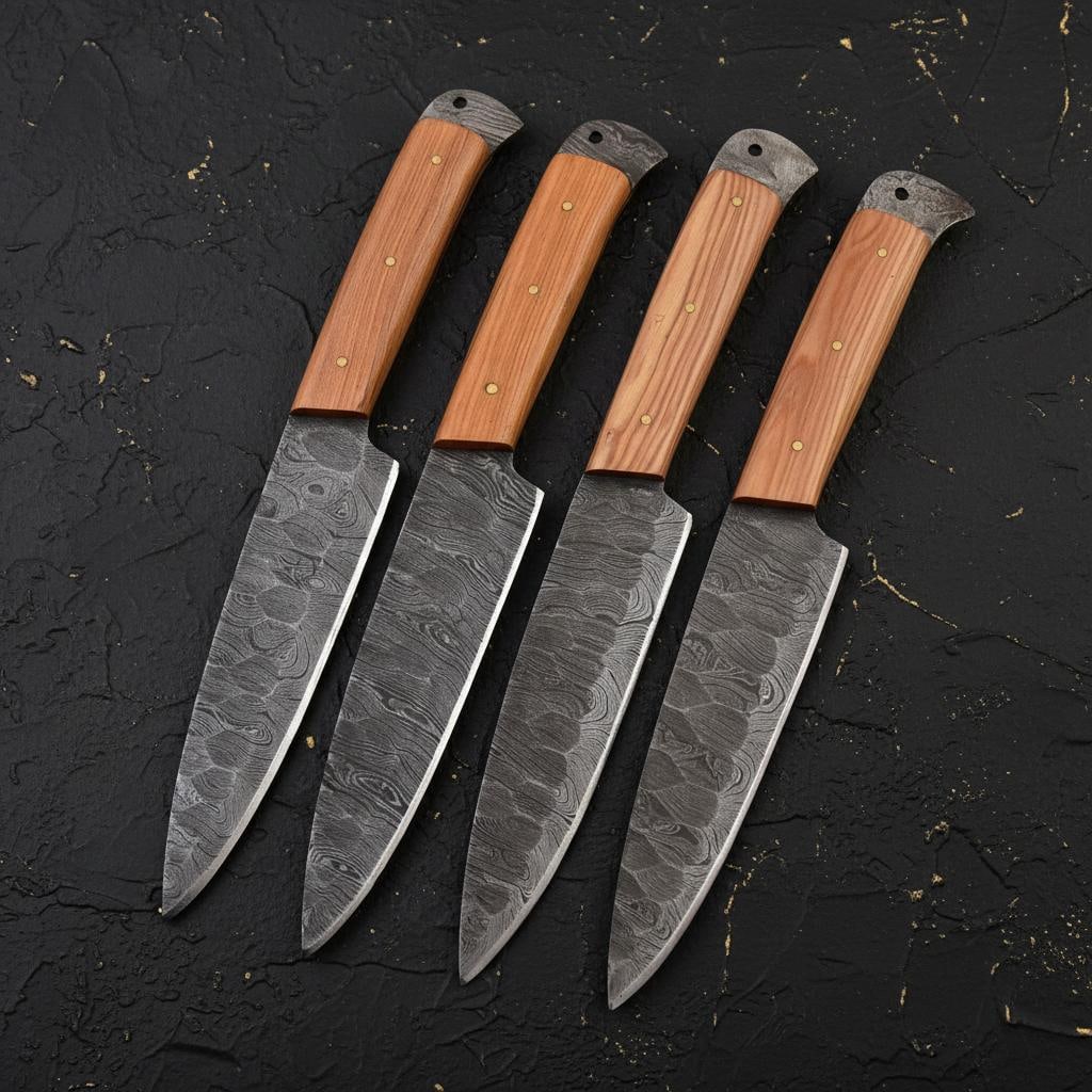 Set of 4 Damascus Steel Steak Knives - Hand Forged, Twist Pattern, Rosewood Handle - 4