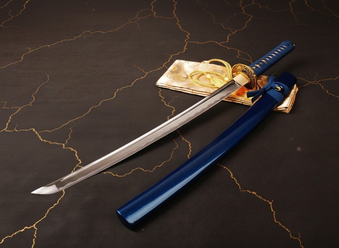 30" Functional T10 Steel Wakizashi Sword Full Tang Blue Samurai Blade - 4