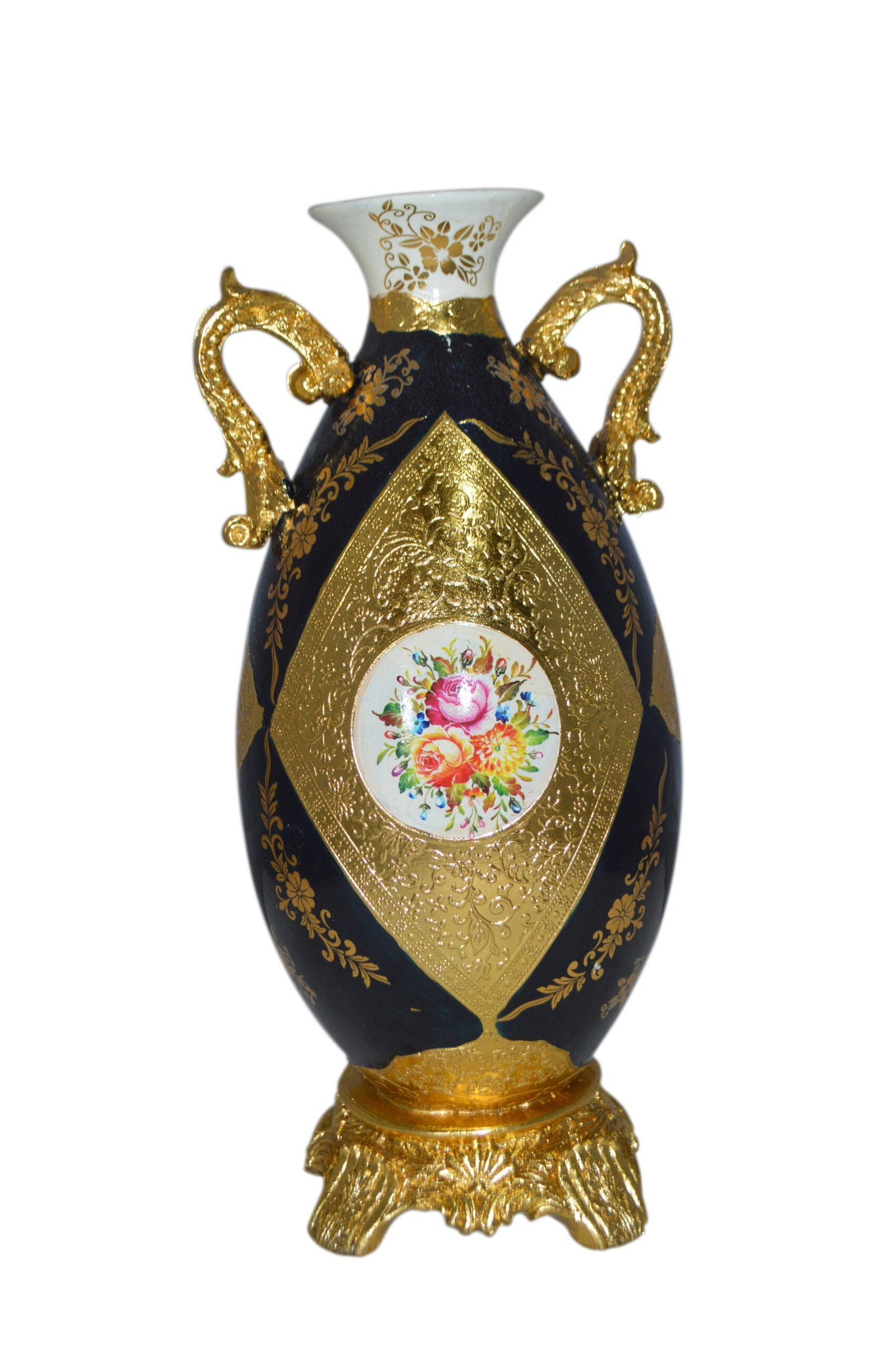 Decoration Vase 18" H Blue and Gold - Size: 7"L x 9"W x 18"H.: Title:Decoration Vase 18" H Blue and Gold - Size: 7"L x 9"W x 18"H. Description:A beautiful large size Decoration Vase (French Vase replica) with Blue, White Gold and Pink colors, may be sold in