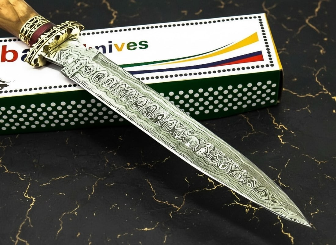 13.9" Handmade Damascus Steel Hunting Dagger Knife with Wood Handle - 2
