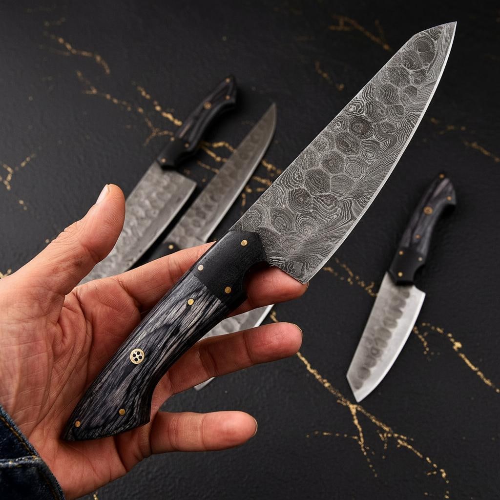 Twist Pattern Damascus Steel Chef Knife Set, 5 Piece Hand Forged Kitchen Cutlery - 4